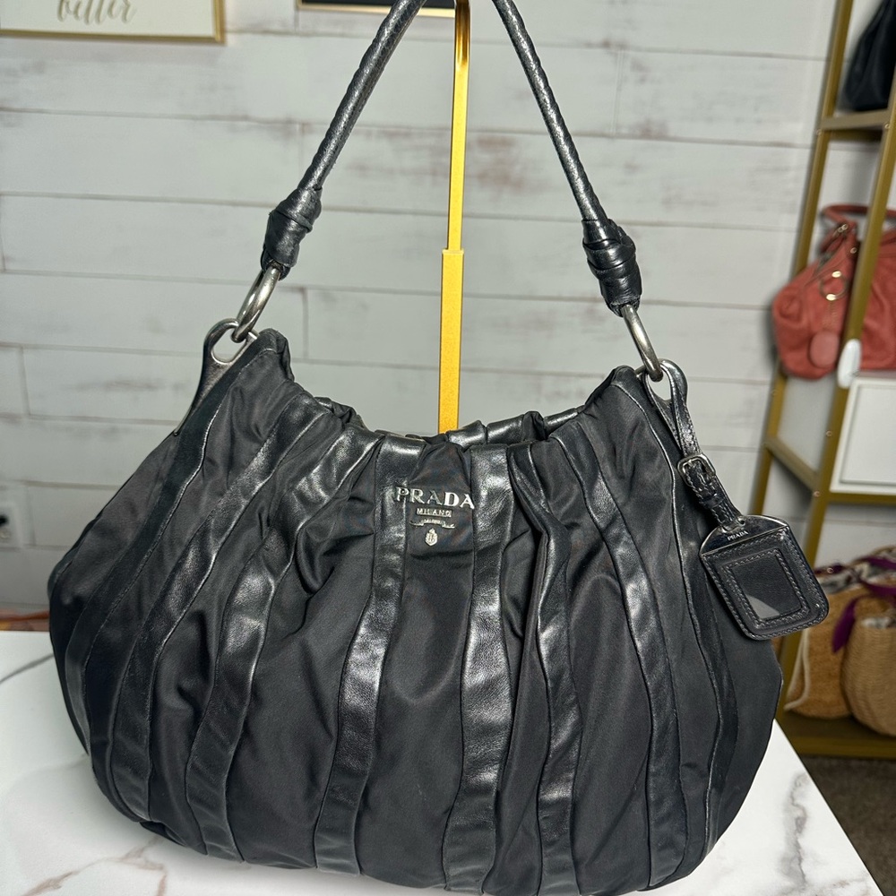 Prada Black Pleated Leather Hobo Bag